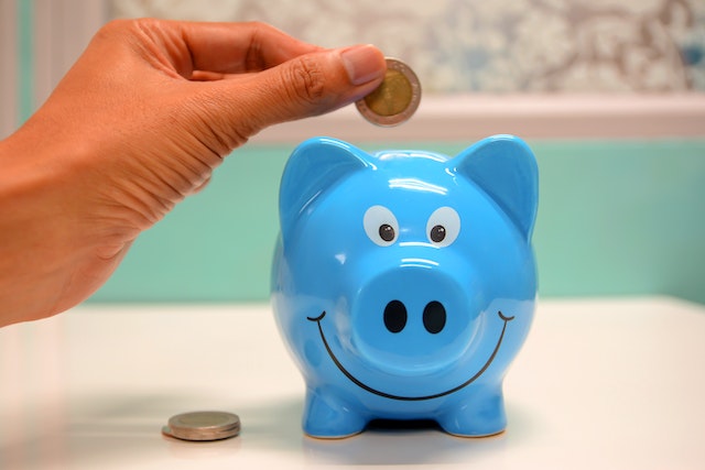 person putting coins into piggy bank